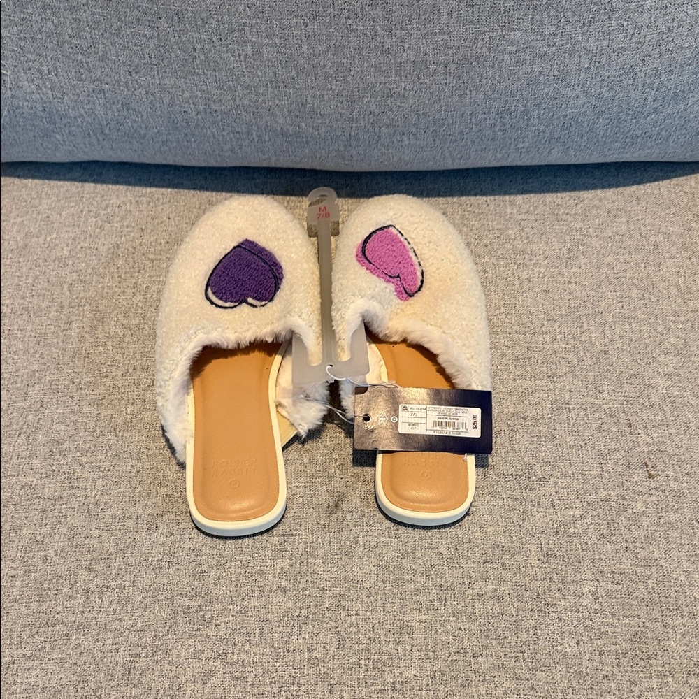 Roller Rabbit Cream Slippers with Heart Accents